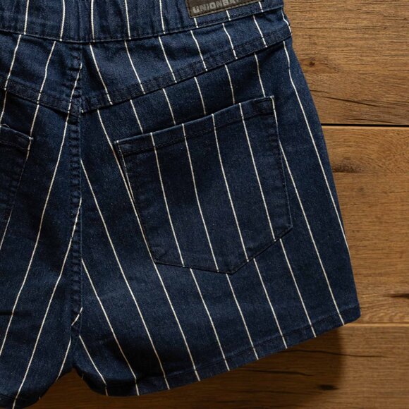 High Rise Navy and White Striped Denim Shorts - Picture 9 of 10
